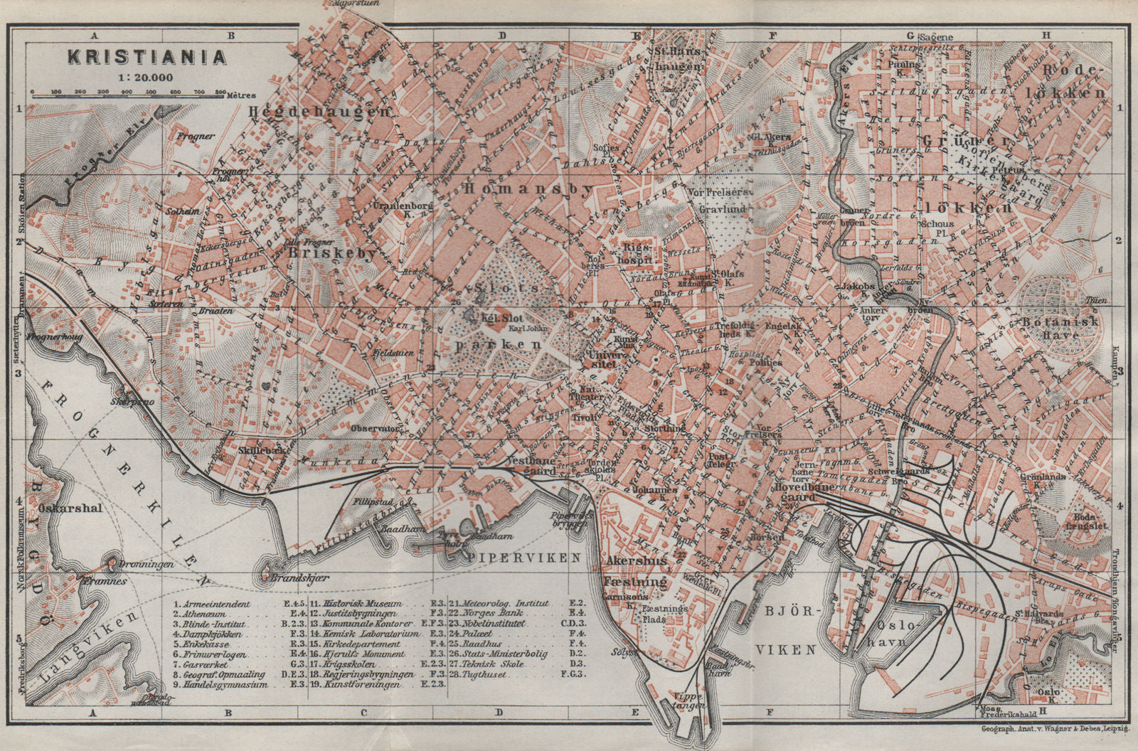 CHRISTIANIA (OSLO) antique town city byplan. Norway kart. BAEDEKER 1909 map